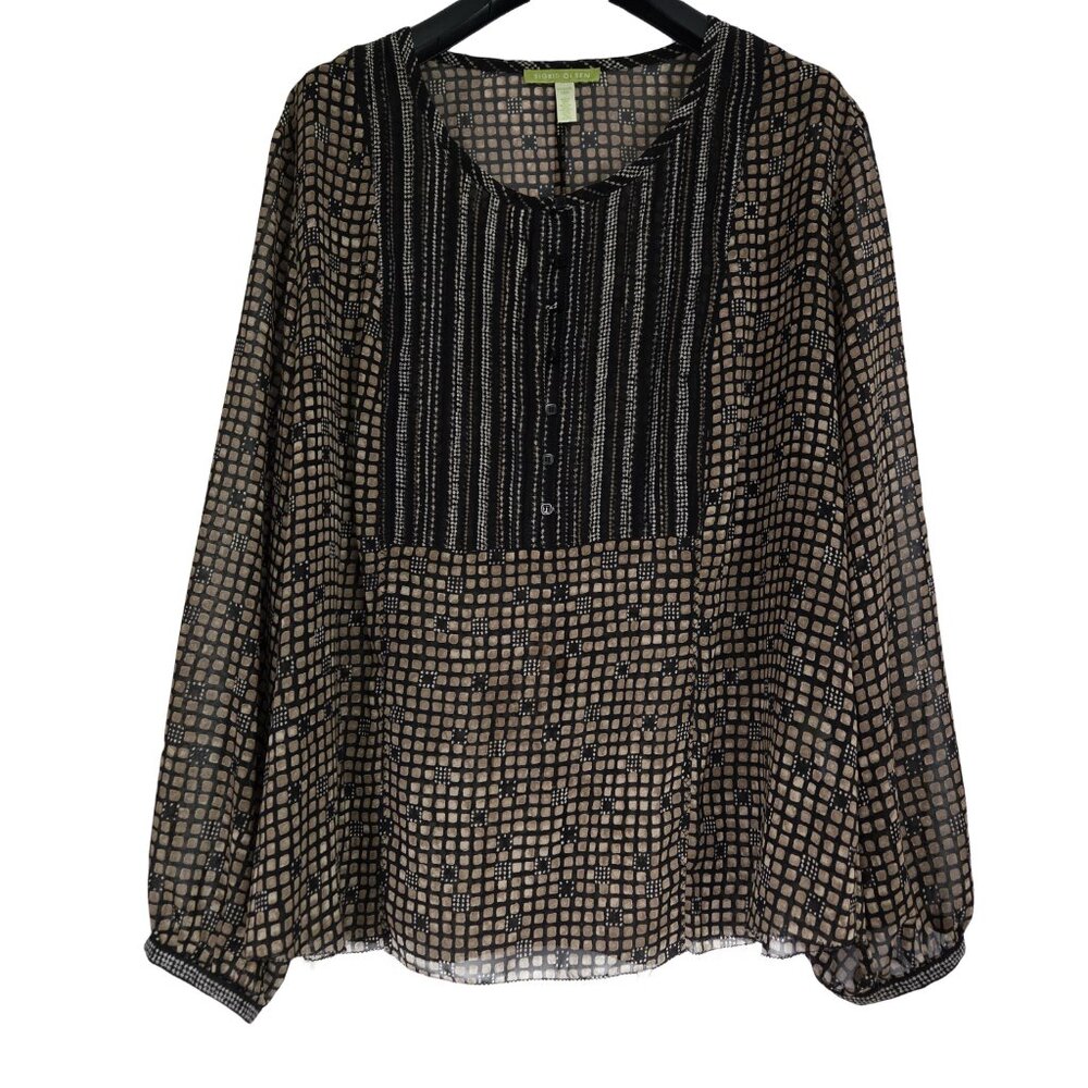 SIGRID OLSEN Dressy Sheer Black & Taupe Long Sleeve Top 18W